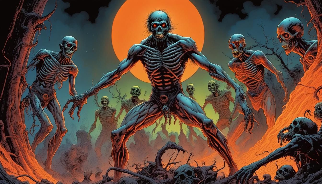 Art by John Davis/Jim Lee /Mike Ploog / volumetric lighting /noctilucent; 
"Glowing haze orange undead black magic neon ...