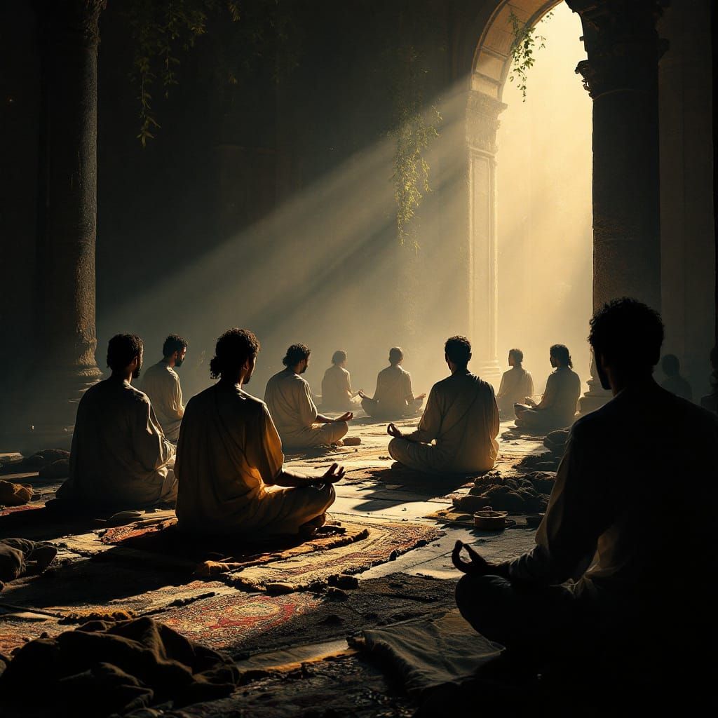 People meditating in an ashram, surrounded by a glow, indire...