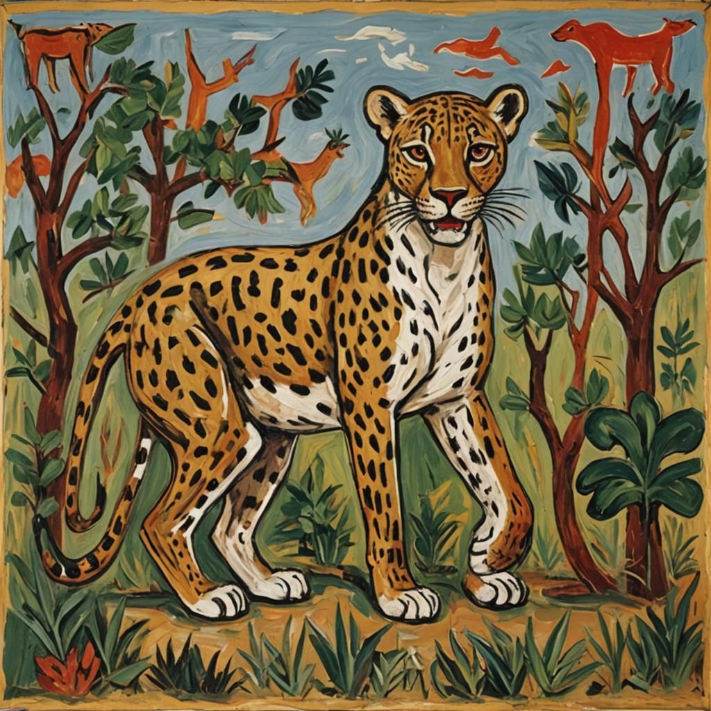 Leopard in Savannah: African Folk Art Style