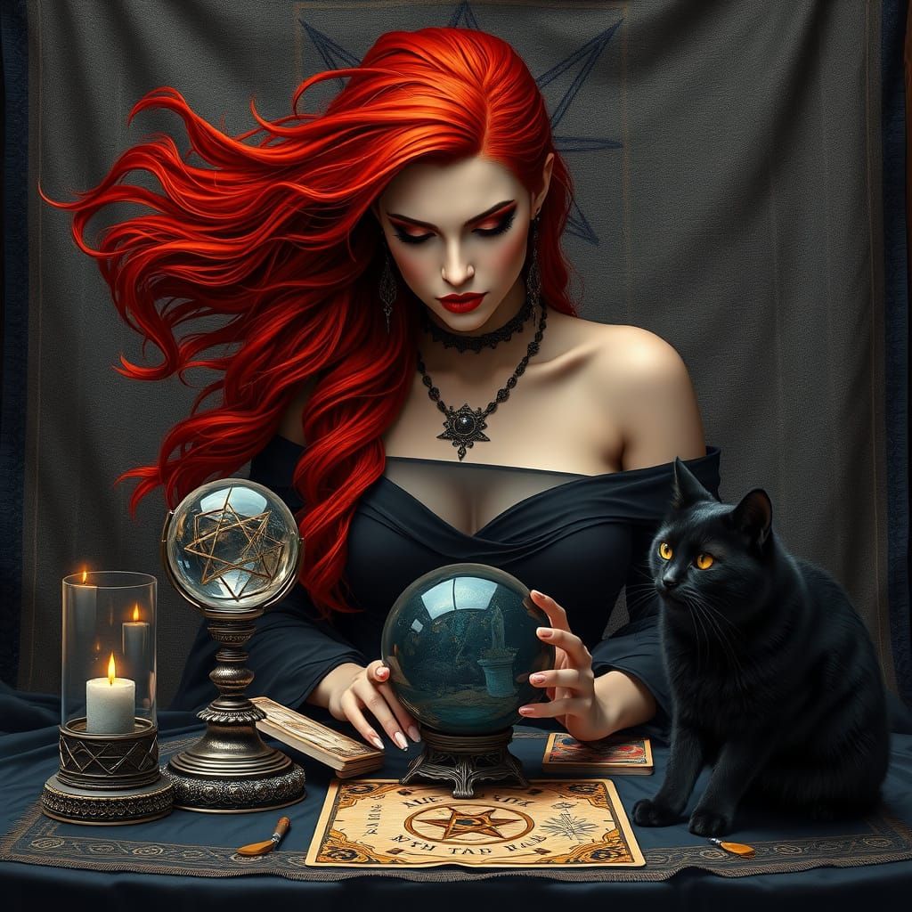 Goddess in Fiery Red Locks and Mystic Attire, Set Against a ...