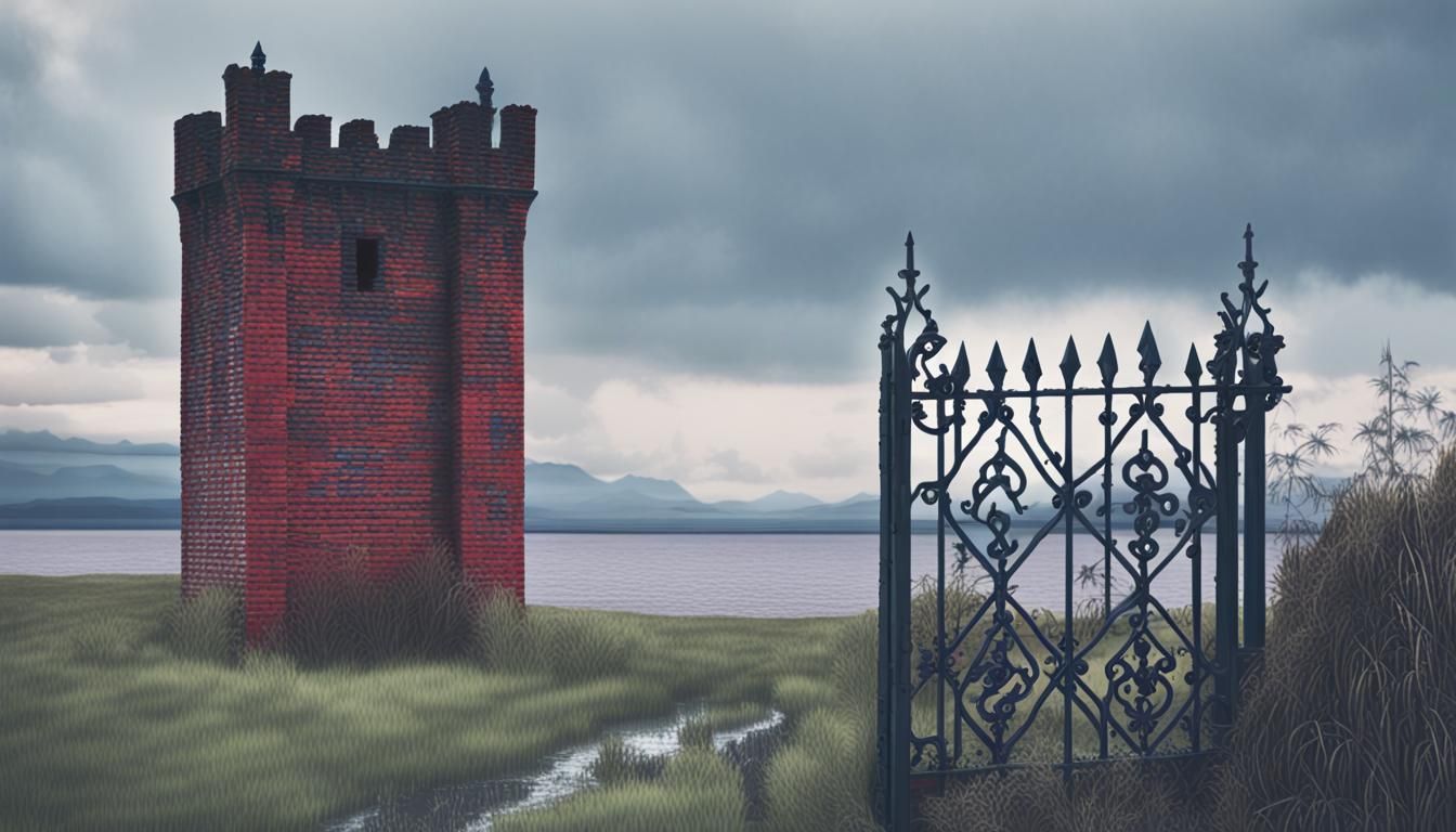 Bleak Tower on Floodplain in Gloomy Landscape