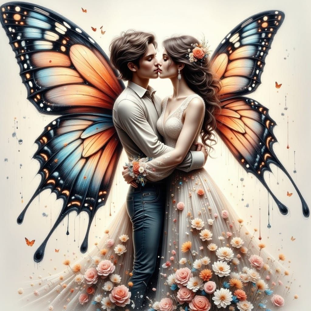 Romantic Embrace: Sketch-Style Oil Painting with Butterfly W...