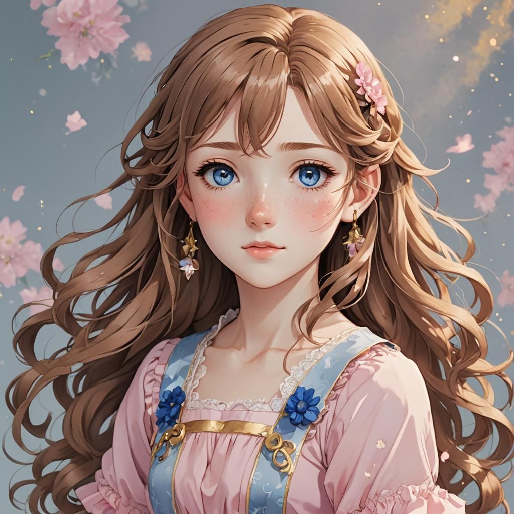 Anime Girl with Freckles in Pink and Gold Dress