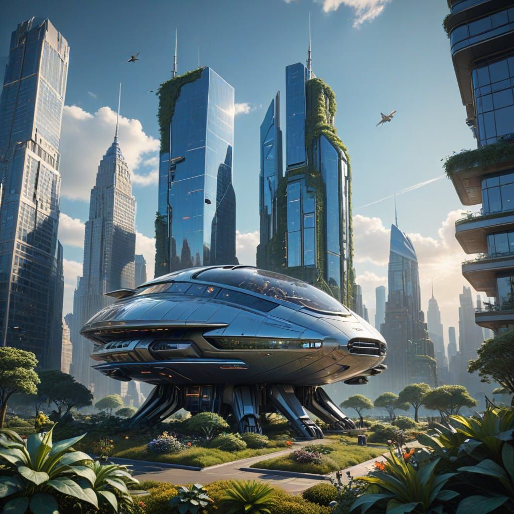 Hyperrealistic Future Cityscape with Flying Vehicles