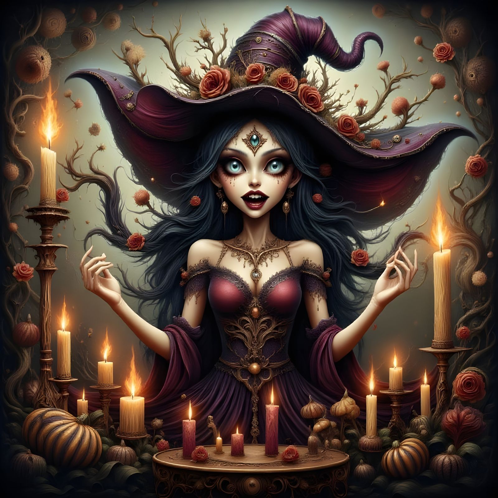 Whimsical Witch with Candle Filigree and Smoke