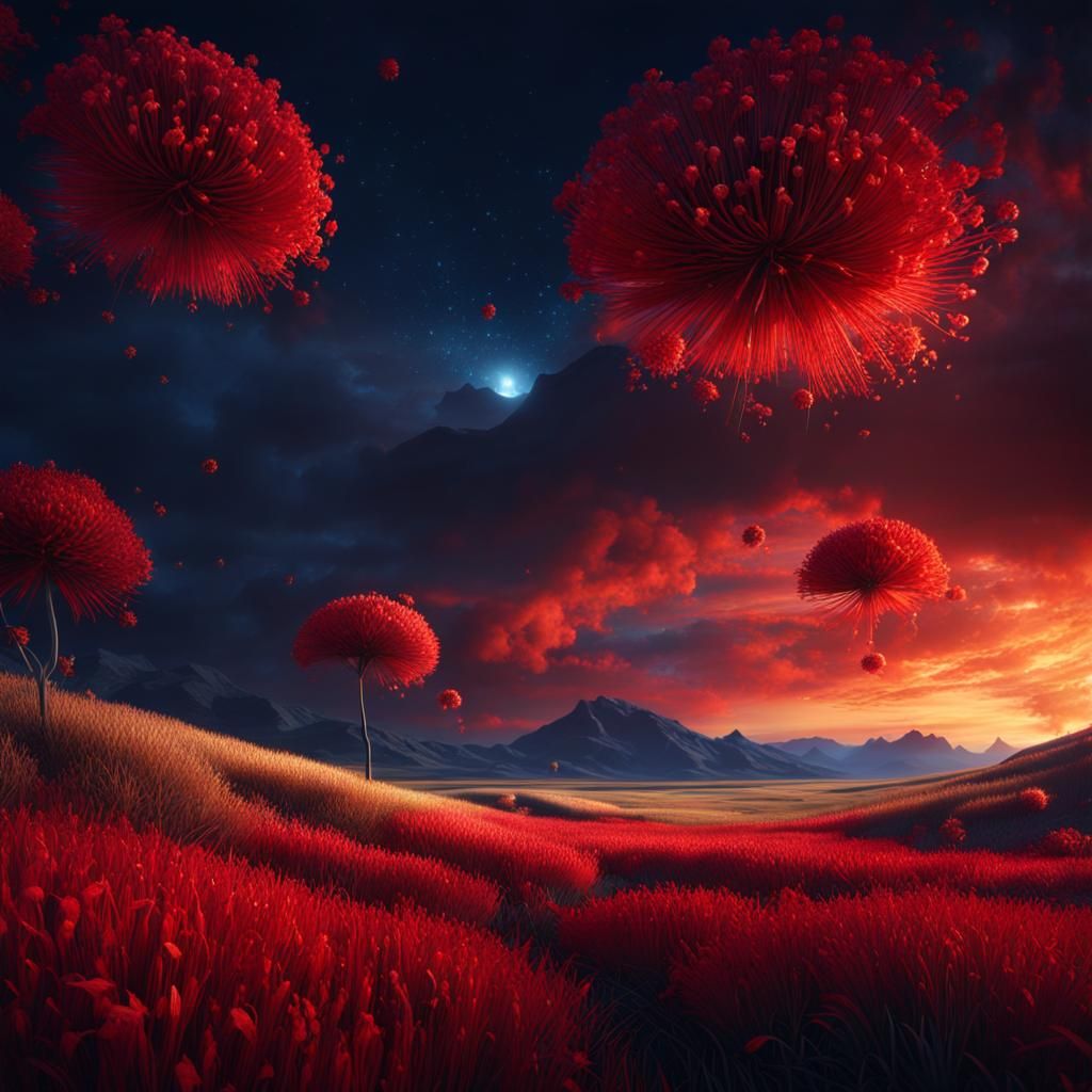 Red Grass and Gold Flowers Landscape