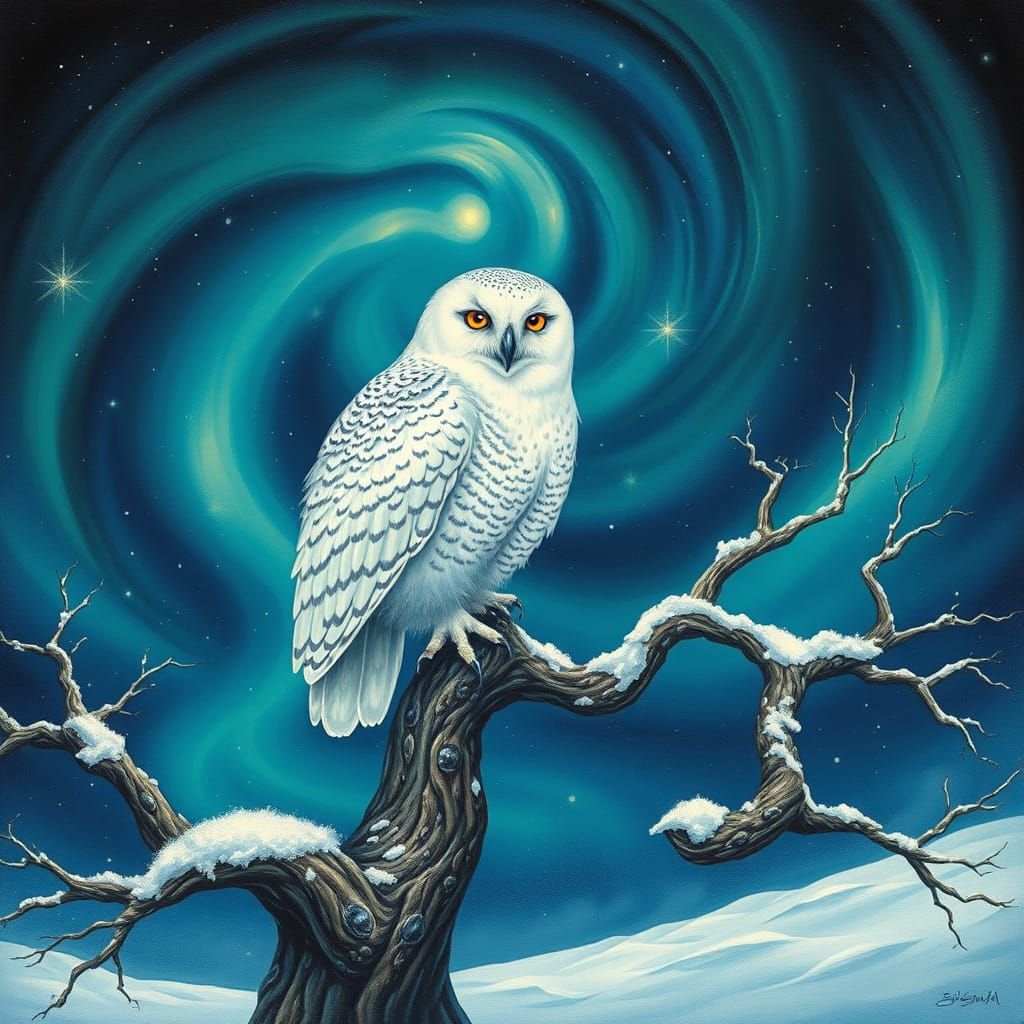 Majestic Snow Owl Amidst the Celestial Tree of Life