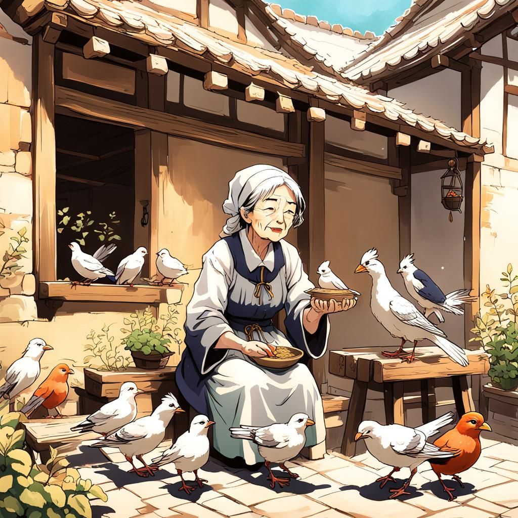 Happy Peasant Woman Feeding Birds: Anime Style