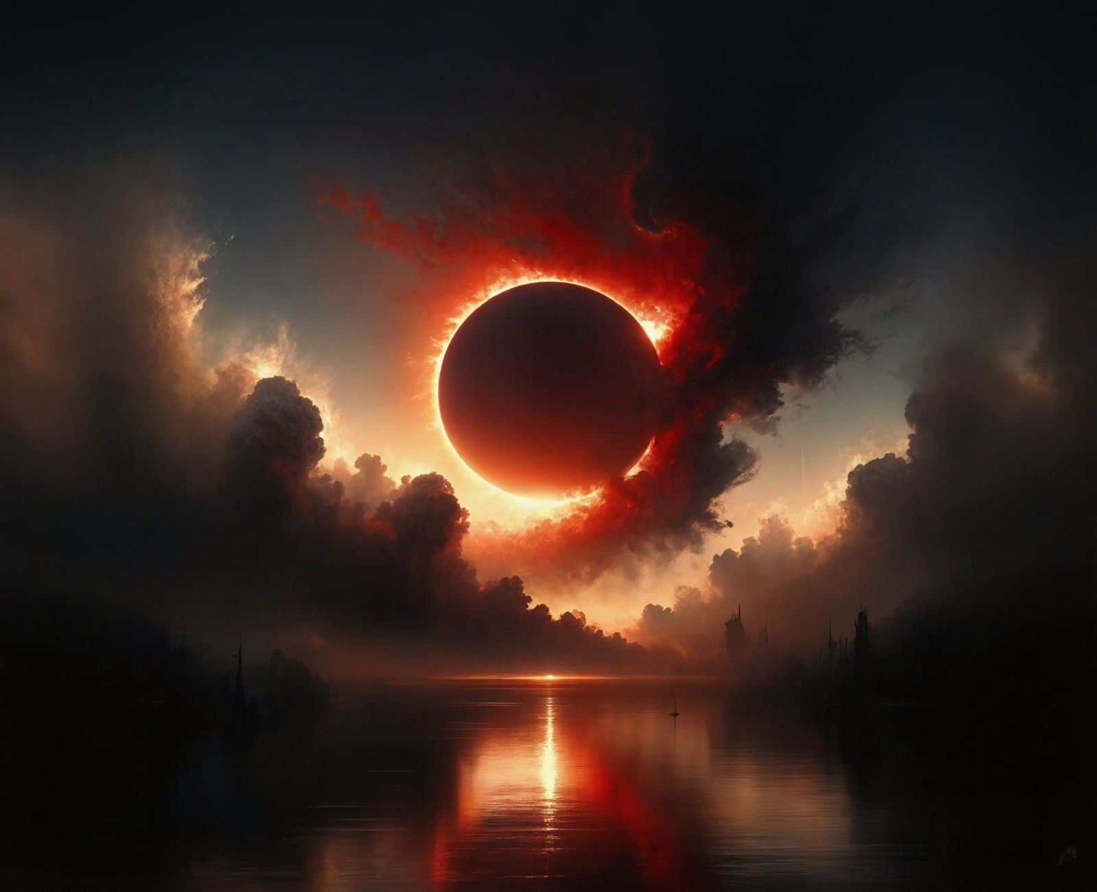 Apocalyptic Eclipse Silhouette with Red Sun