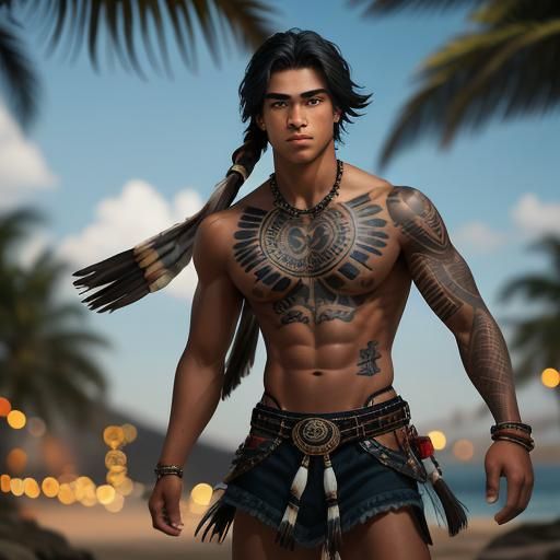 Handsome Native American Man Portrait with Tribal Tattoos