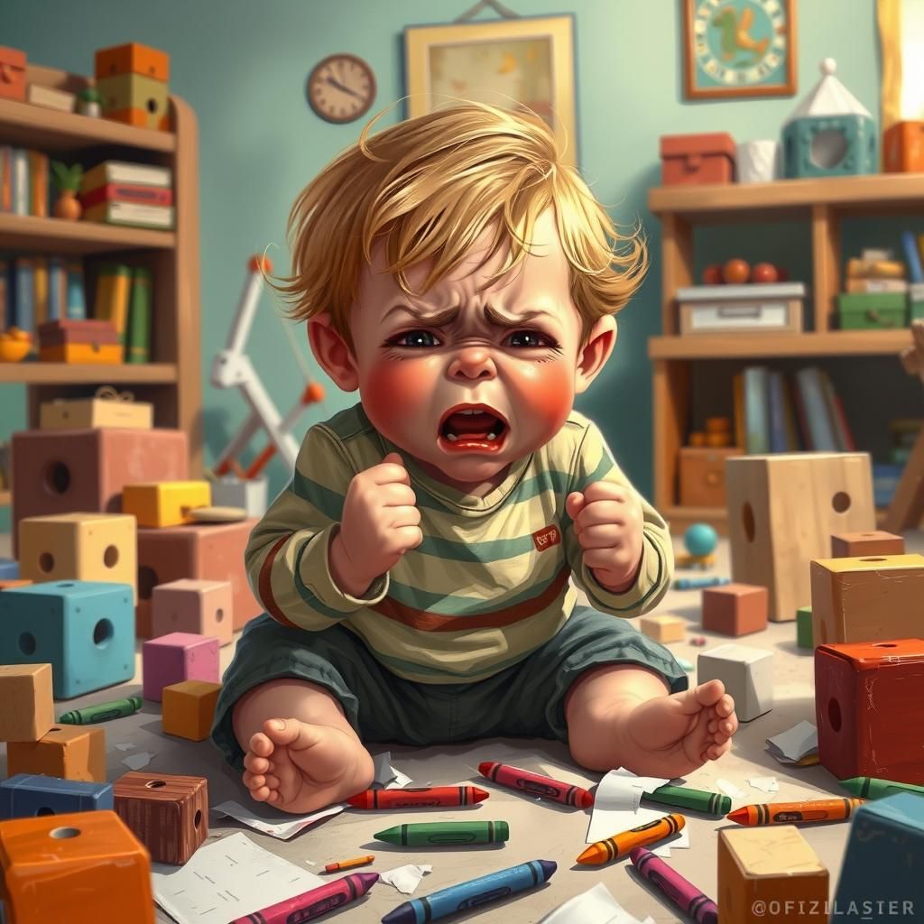 Toddler Tantrum in Playroom: Expressive Digital Painting