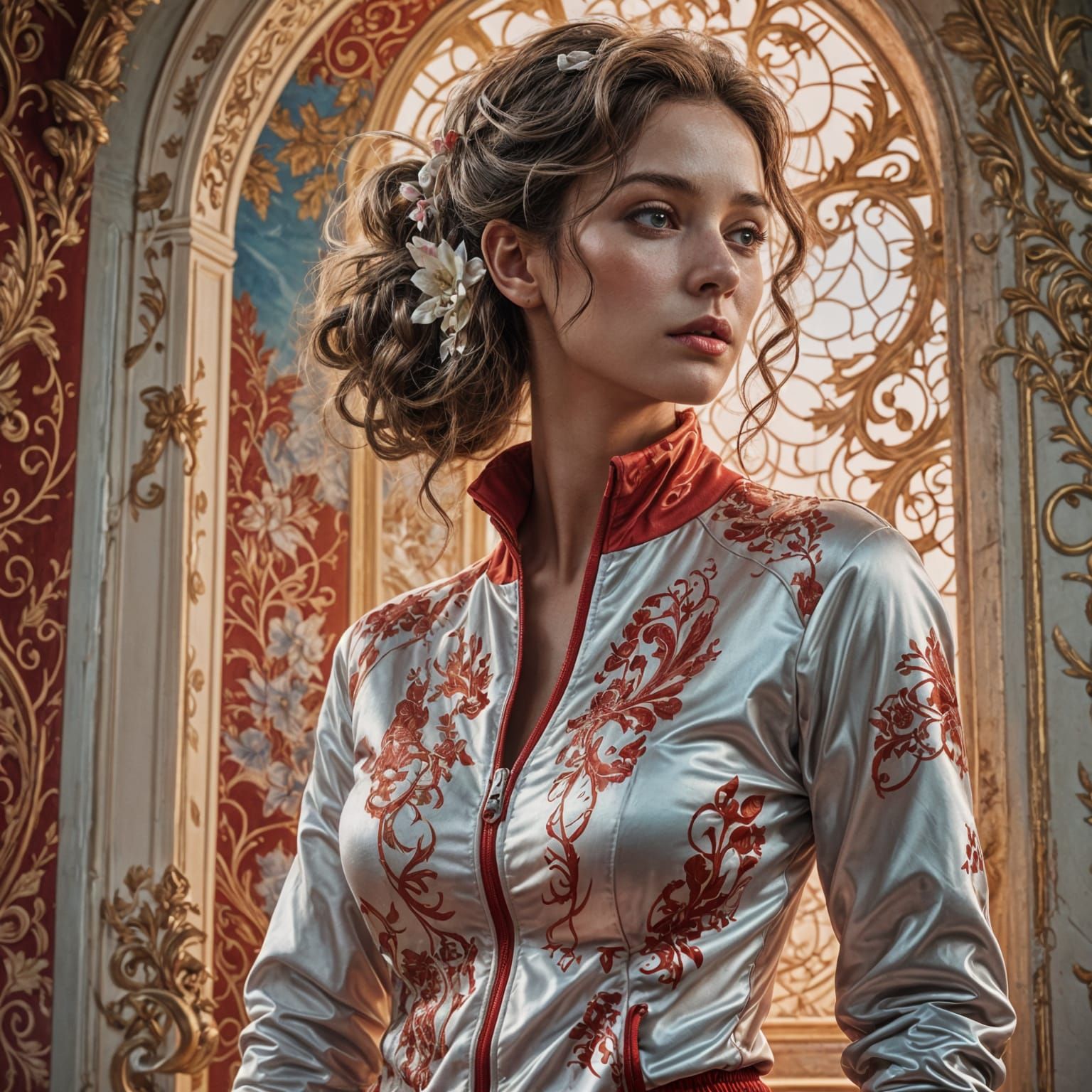 French Girl in Tracksuit: Detailed Matte Painting