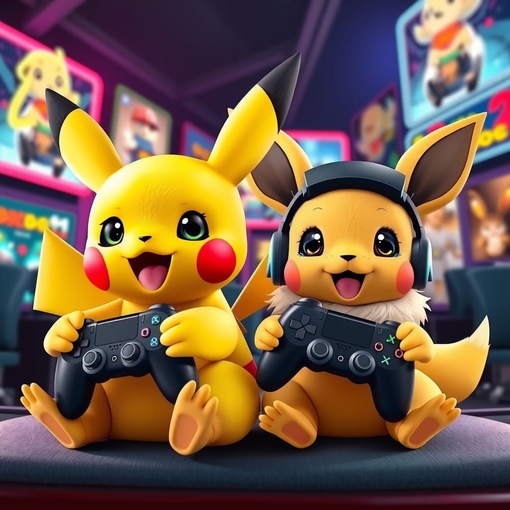 Cute Baby Pikachu and Eevee Play Playstation Together