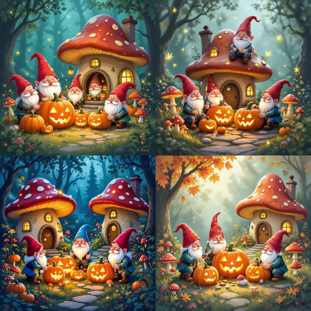 Gnomes and Pumpkins in a Whimsical Mushroom Village
