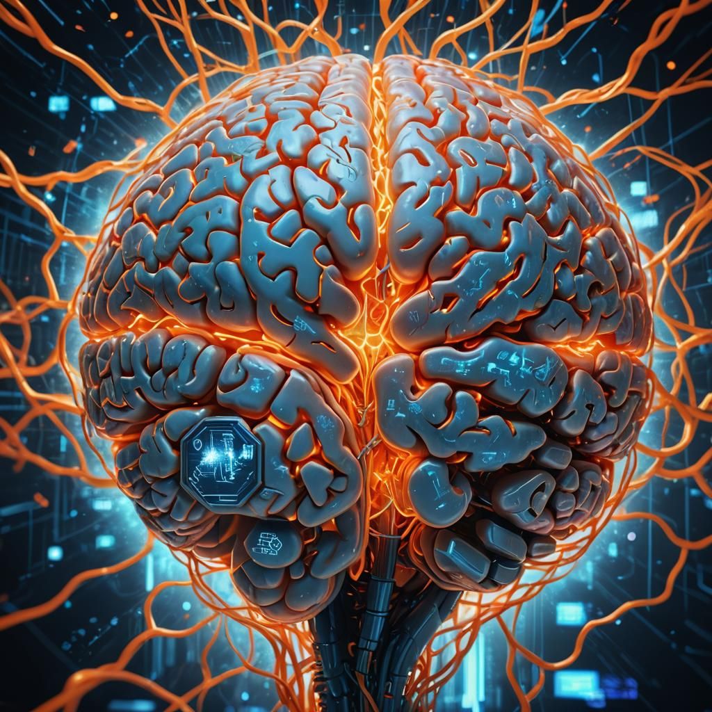 Glowing Brain with Neural Connections in Cyberpunk Style