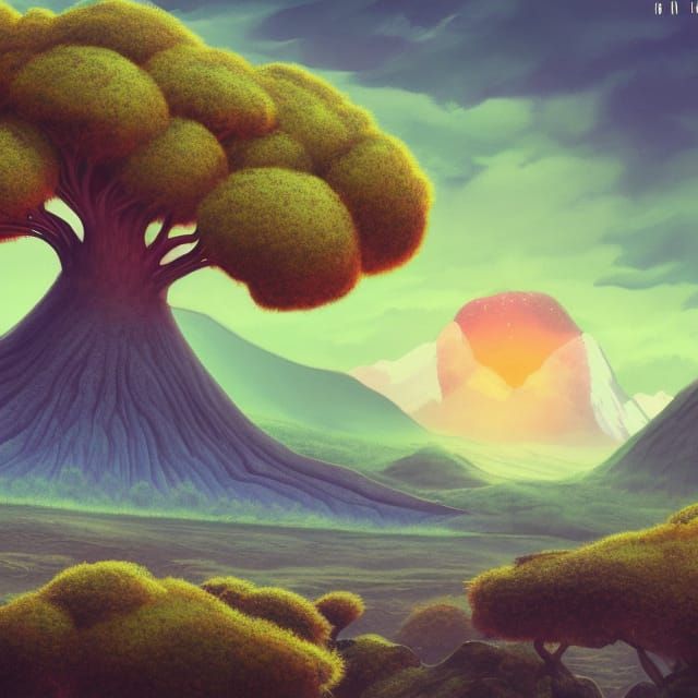 Fantasy Landscape with Giant Trees and Volcano