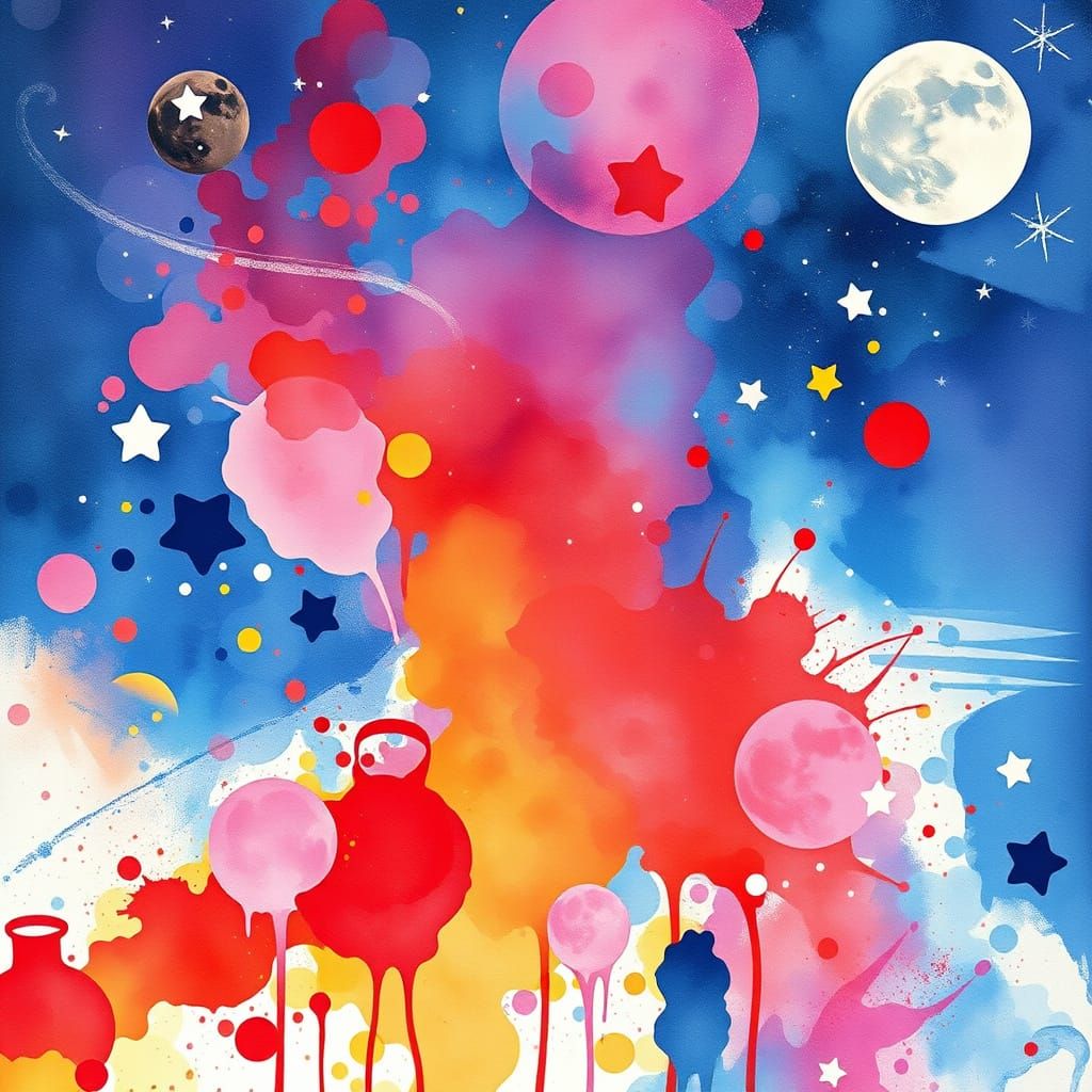 Cosmic Watercolour Abstraction with Vibrant Splashes and Nor...