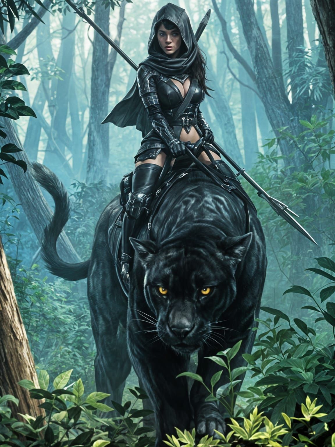 Huntress on Black Panther Through Forest