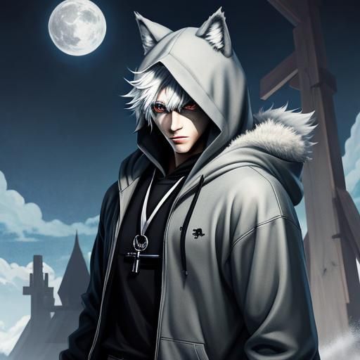 Anime Wolf Boy with Hood in Manga Style