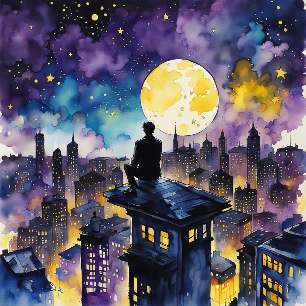 Moonlit Cityscape in Watercolor Art Style