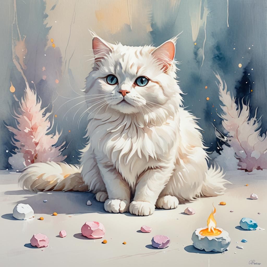 Marshmallow Cat in Whimsical Gouache Painting