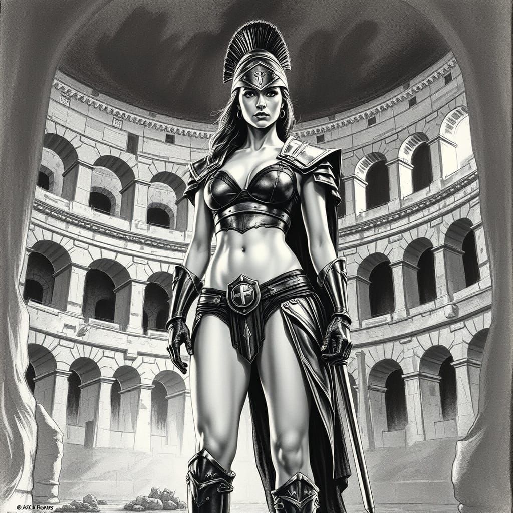 Woman in Bikini Roman Armor at Colosseum Charcoal Drawing