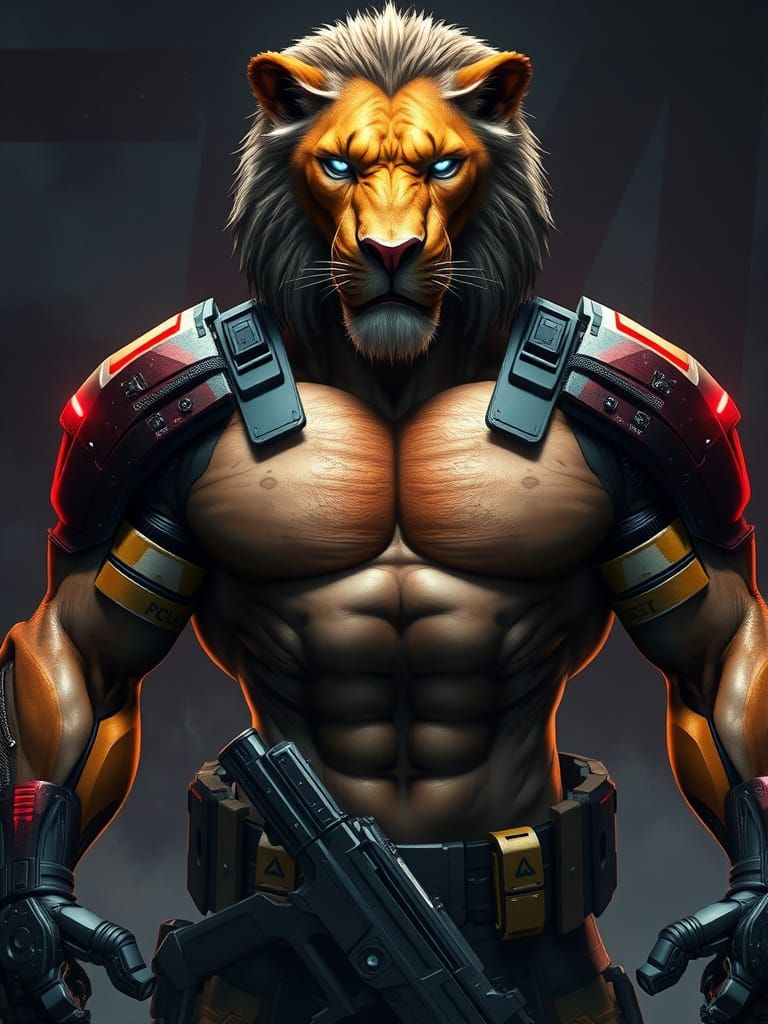 Hyper Muscular Cyborg Lion Cop