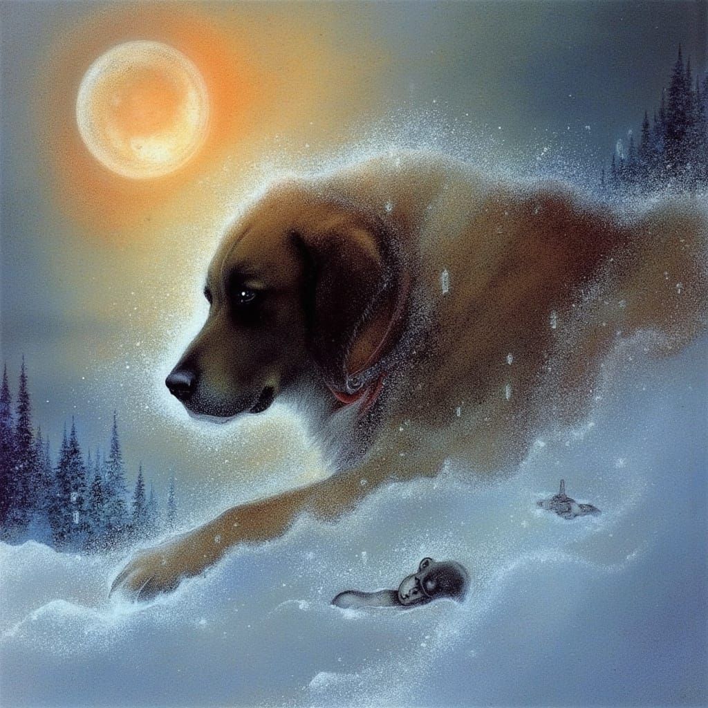 <lora:Archetypal Imagery:1.0> St Bernard Dog digging out a man trapped in the snow