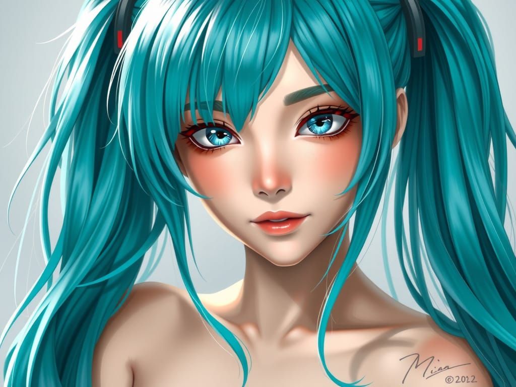 Hyperrealistic Portrait of Hatsune Miku with Turquoise Twint...