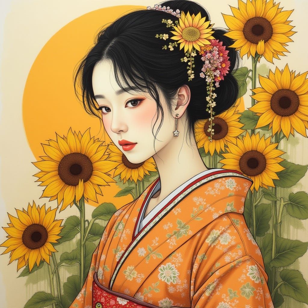 Japanese Woman in Sunflowers, Ukiyo-e Style Digital Art