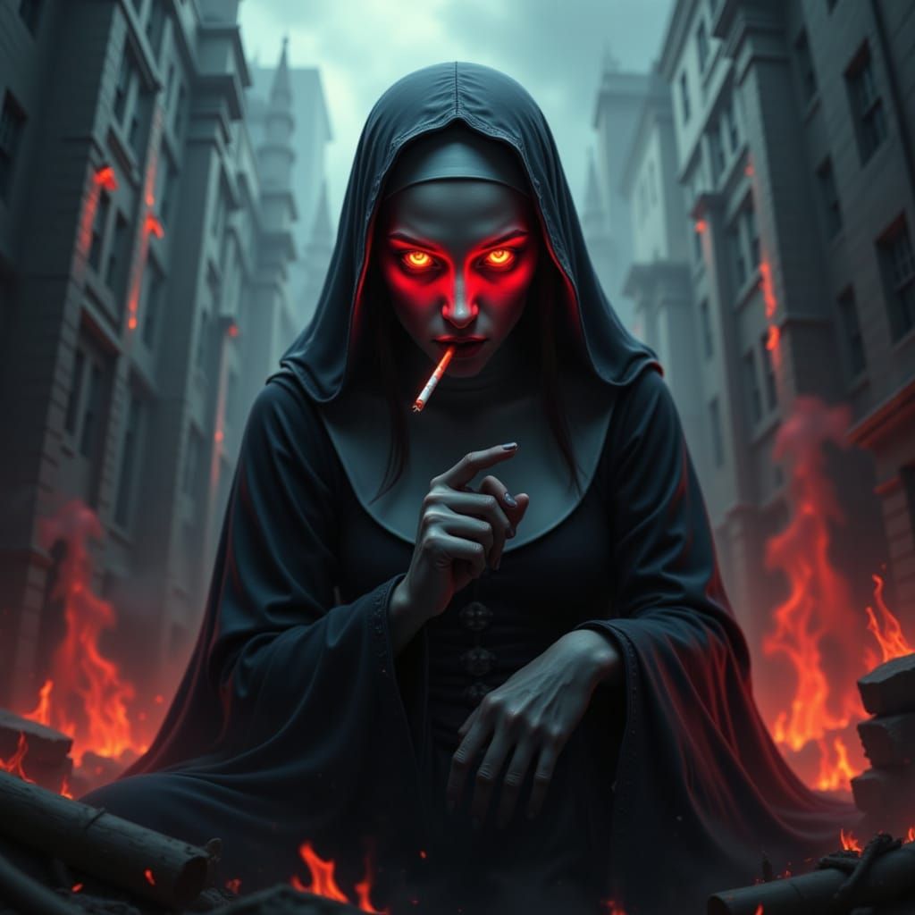 Nun with Glowing Eyes and Burning Church