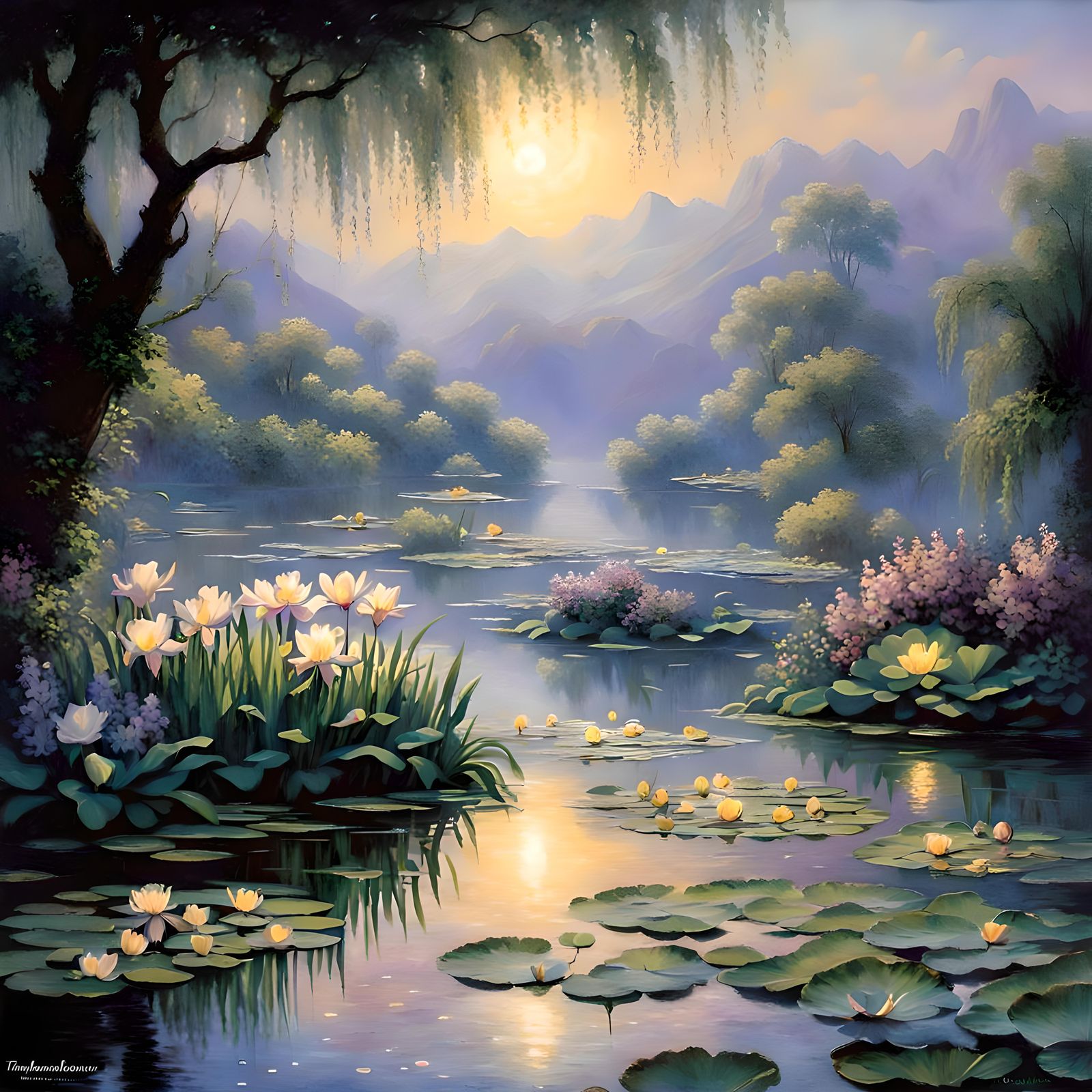 Moonlit Pond with Irises and Water Lilies