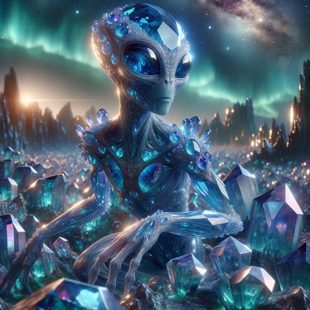 Diamond Alien Creature in a Nebula Landscape