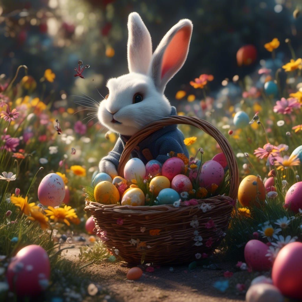 Un lapin de Pâques de <lora:Kyoot:1.0> gambadant dans les fl...