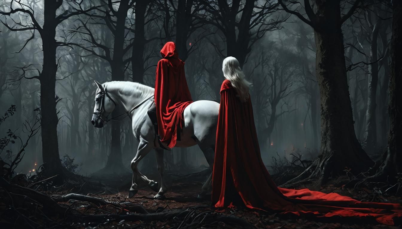Vampiress on White Horse in Dark Fantasy Forest