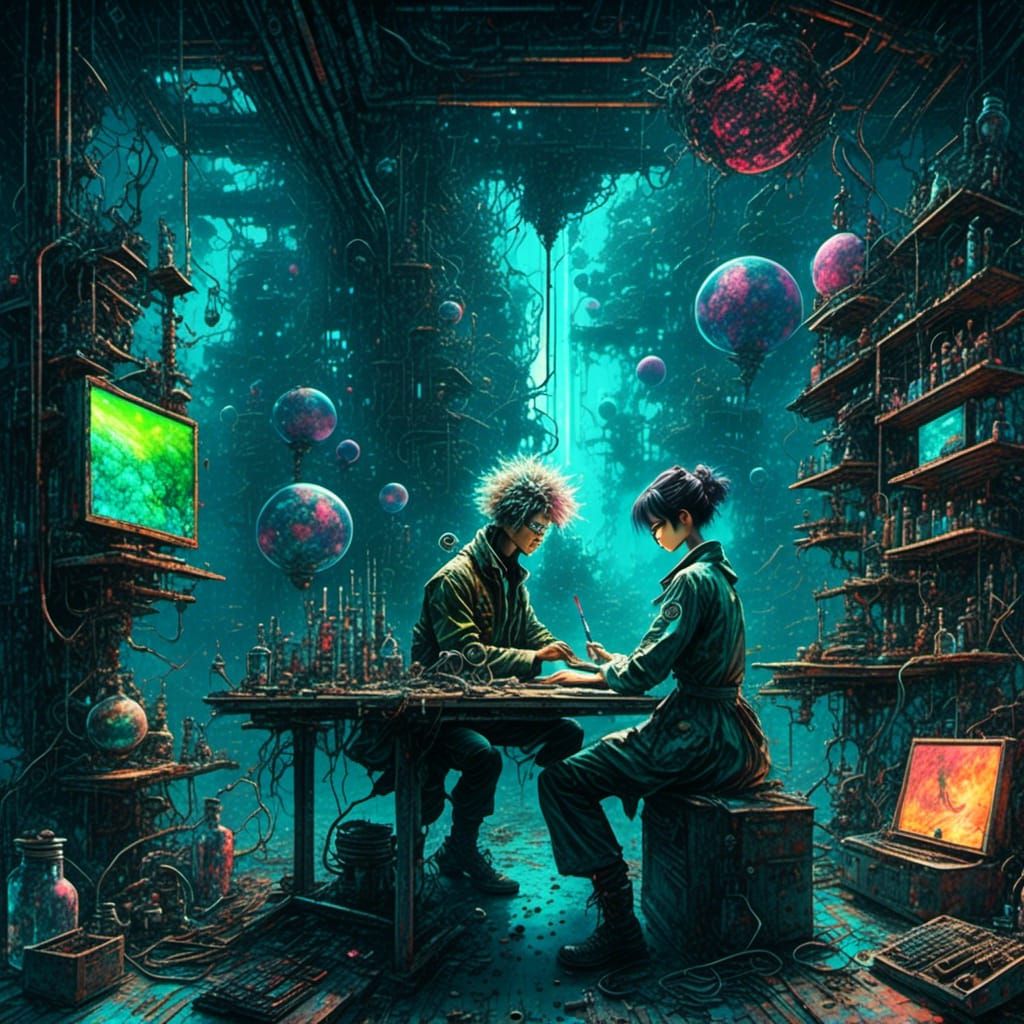 Mad scientist, post apocalyptic laboratory, cinematic, oil p...