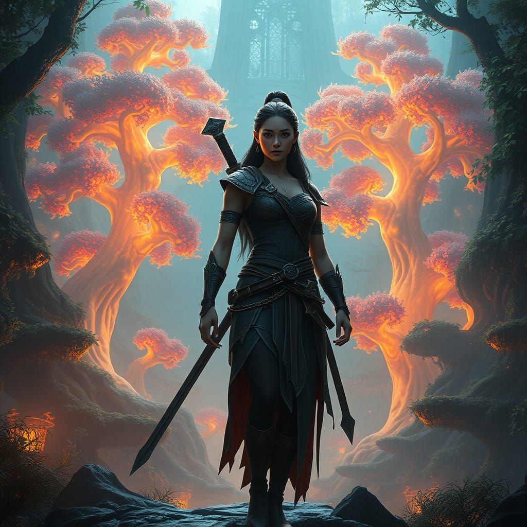 Mystical Warrior Goddess in a Dreamlike Realm