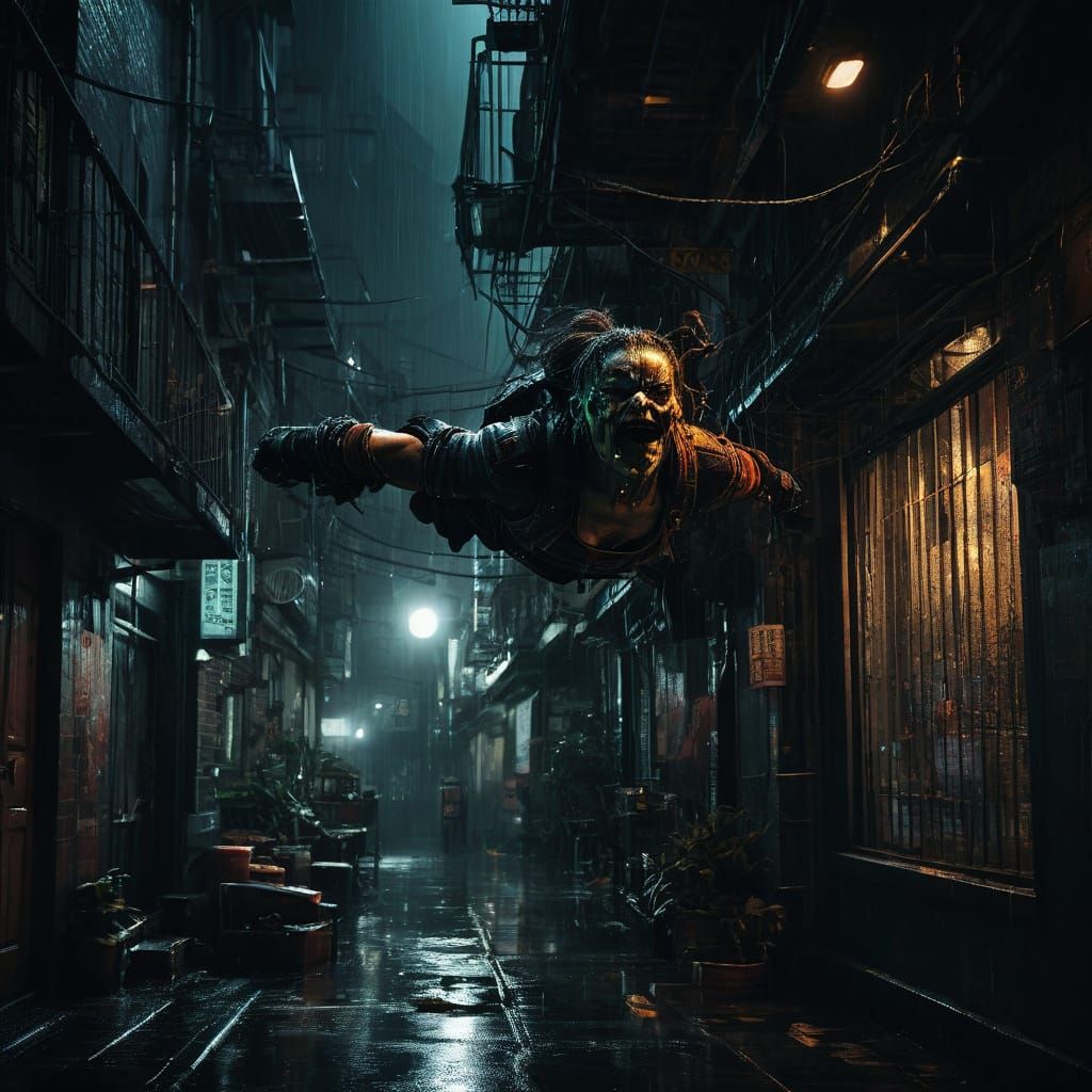 Cyberpunk Woman Holds Man Upside Down in Dark Alley