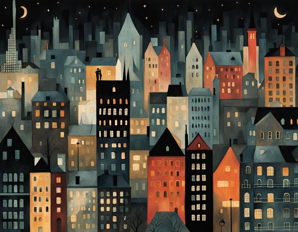 Colorful Night Cityscape Graphic Illustration