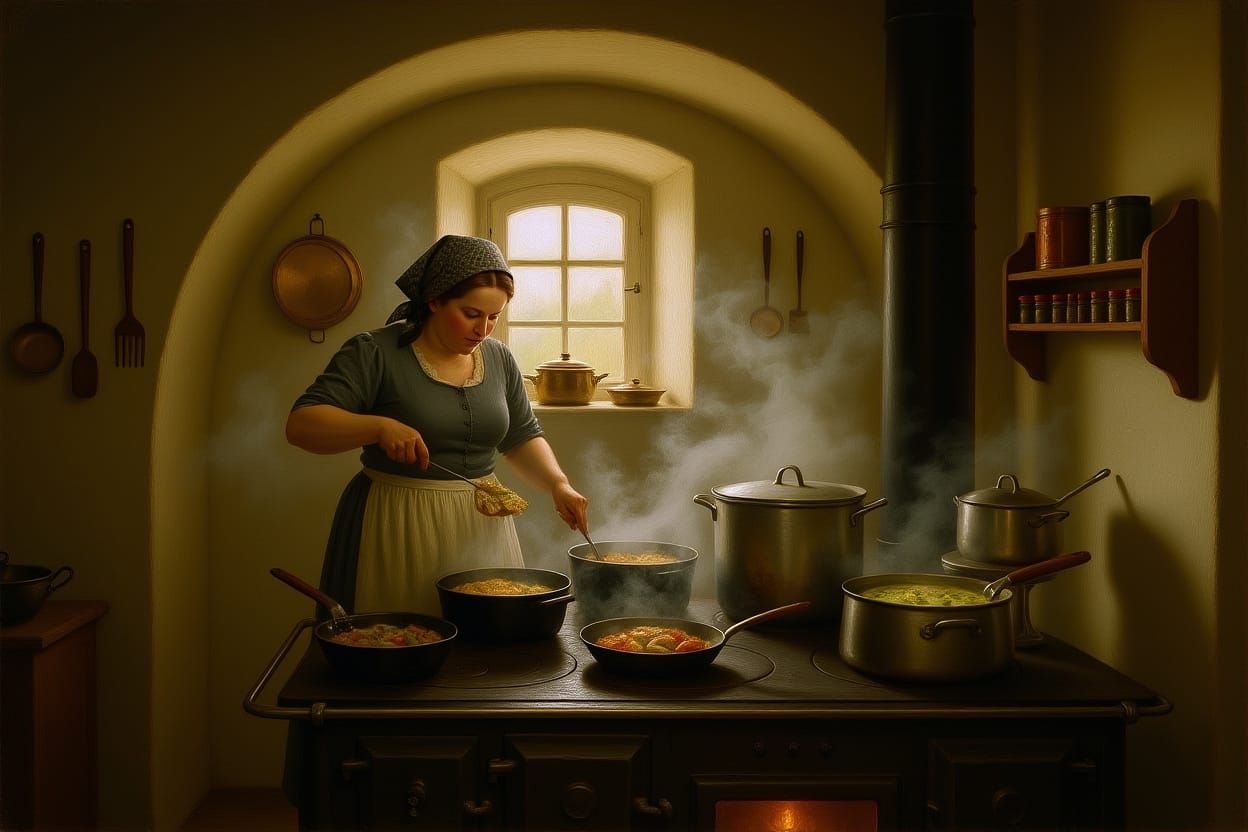 Masterpiece 18th Century Oil Painting of a Steamy Kitchen