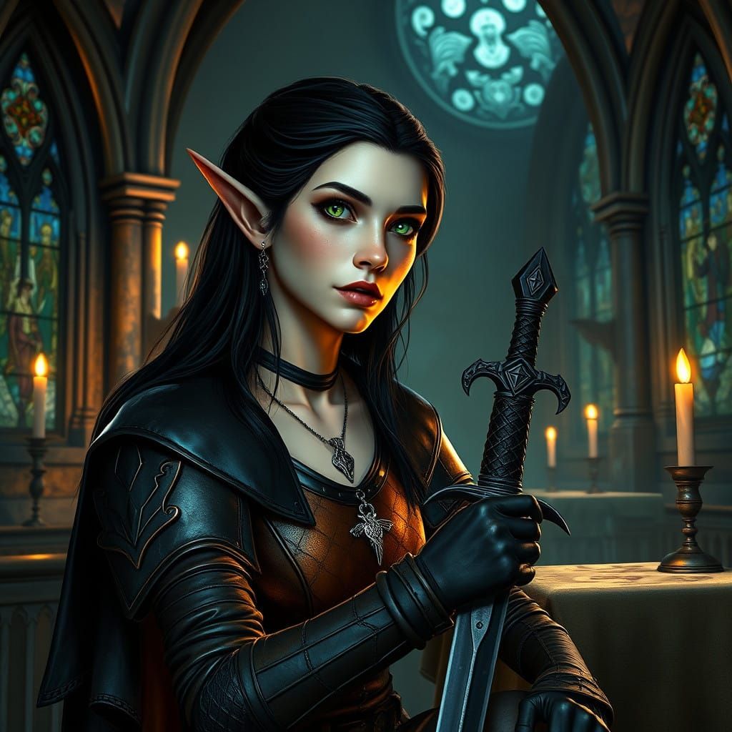 High Elf Rogue Contemplating Dagger in Gothic Chapel