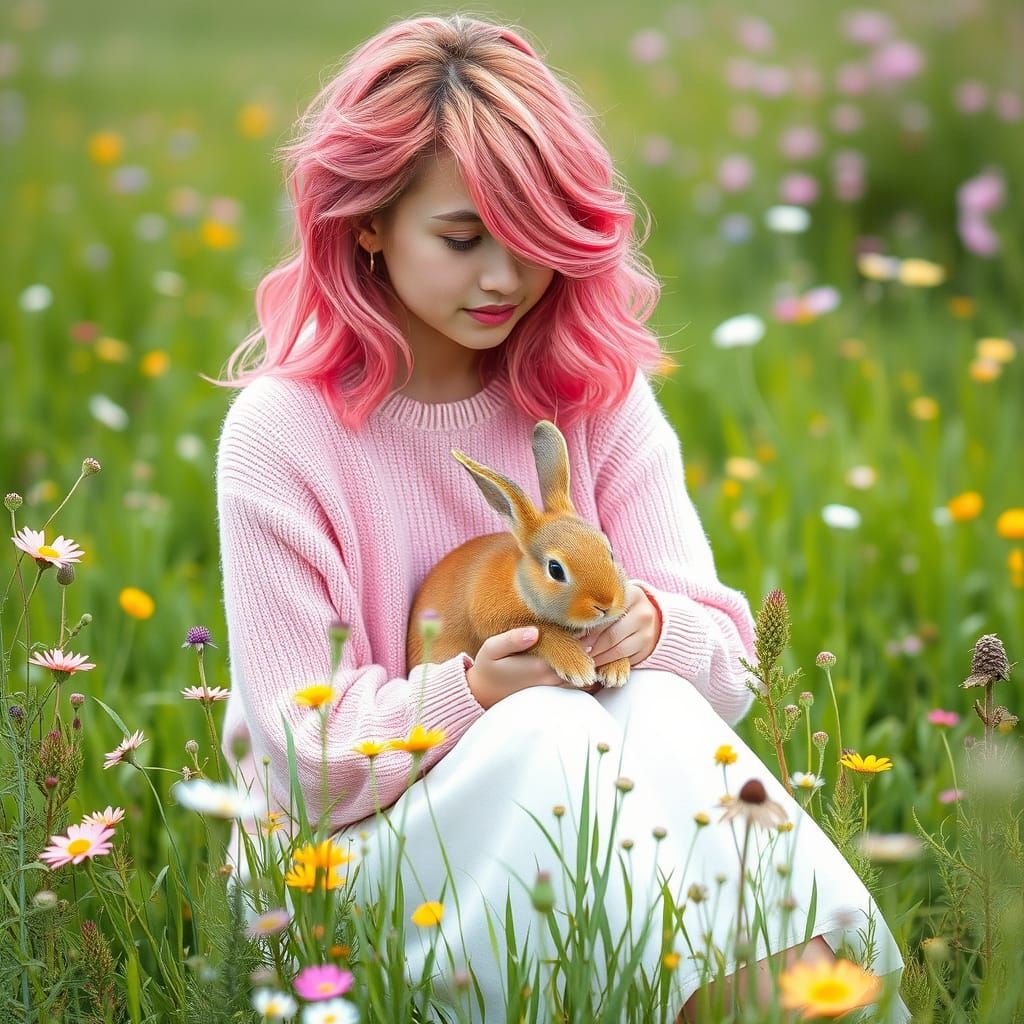 Dreamy Girl and Adorable Rabbit in Pastel Paradise