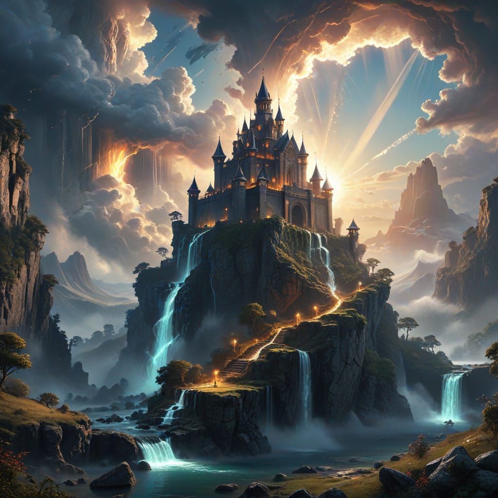 Ancient Fortress on Floating Rock with Waterfalls