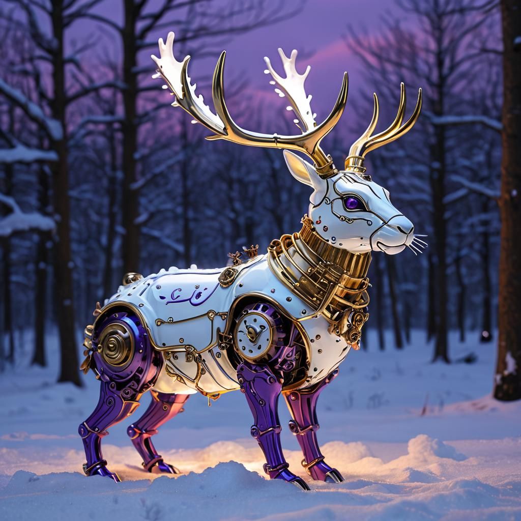 Steampunk Jackalope Android in Snowy Sunset