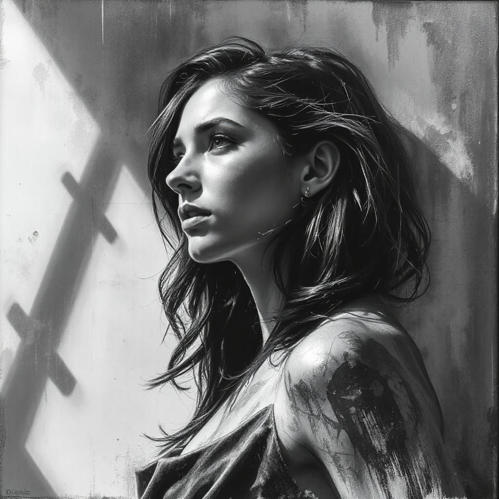 Dramatic Woman Lost in Charcoal Shadows
