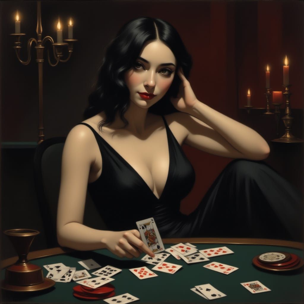 Elegant Woman Plays Blackjack in Evening Dress