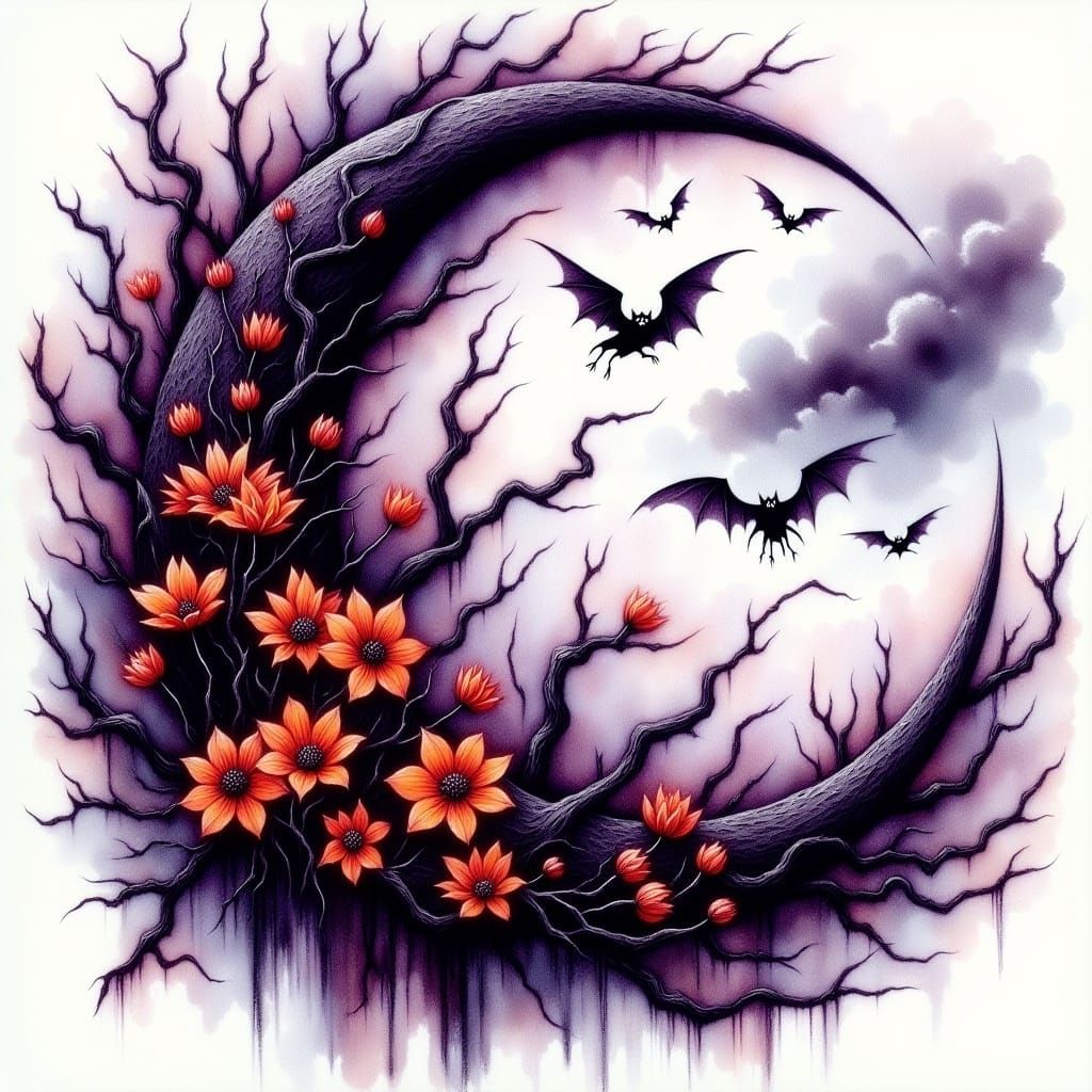 Dark Fantasy Lunar Crescent in Watercolor Illustration