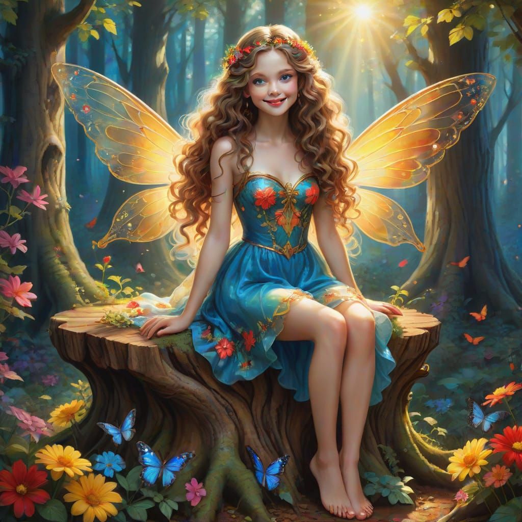 Whimsical Fairy in Enchanted Forest, Airbrushed in Cartoon F...