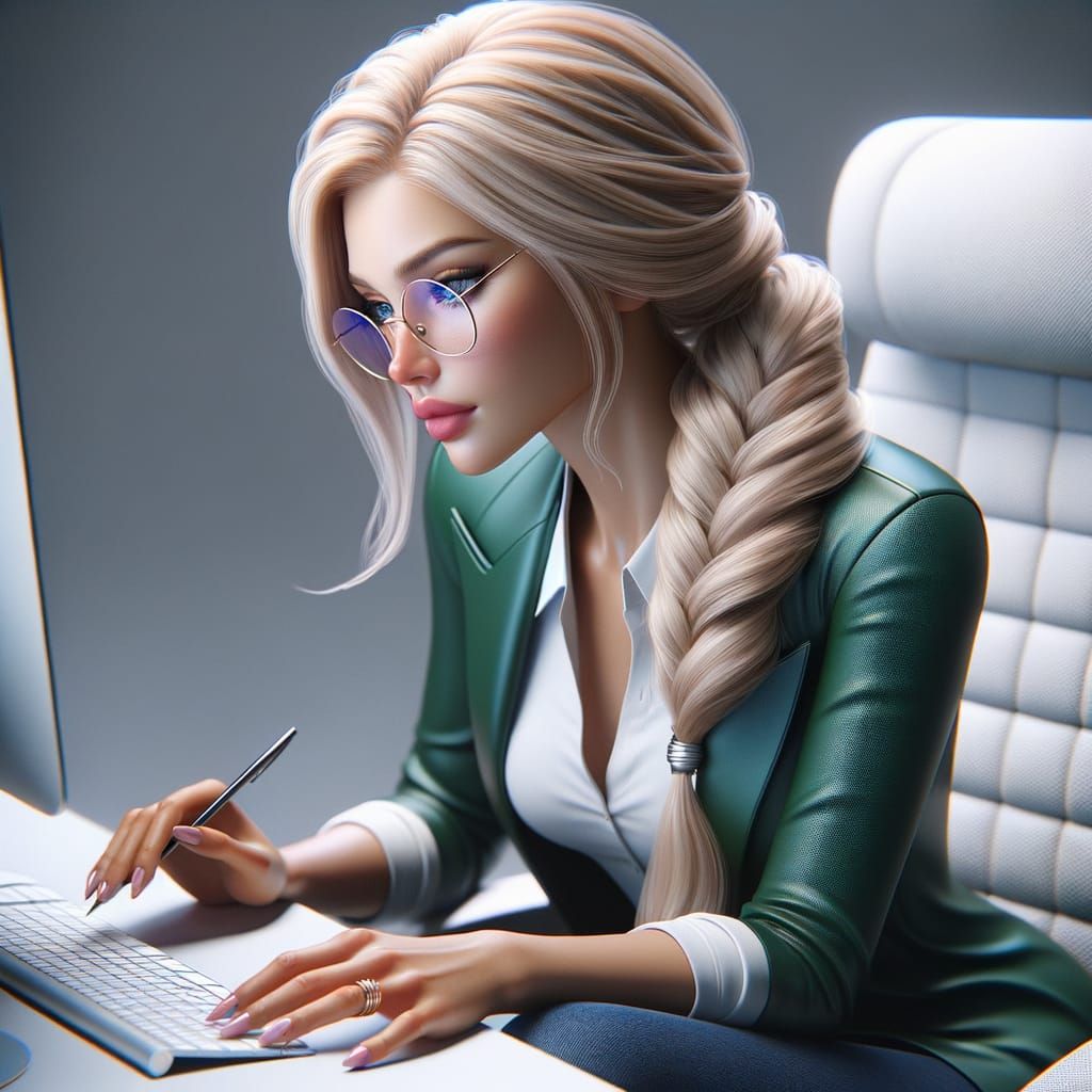 Photorealistic Woman in Office Attire with Computer