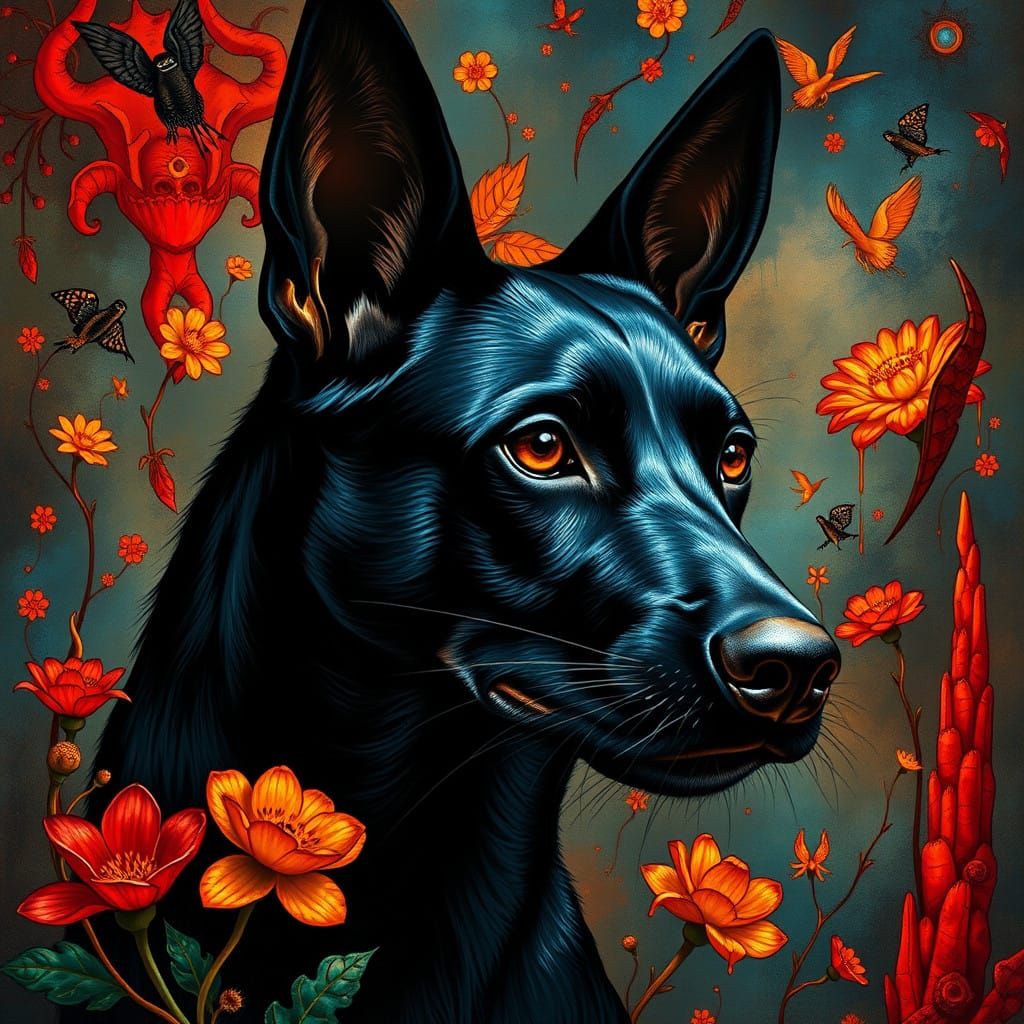 Hyperrealistic Black Dog in Surrealist Style with Stained Gl...
